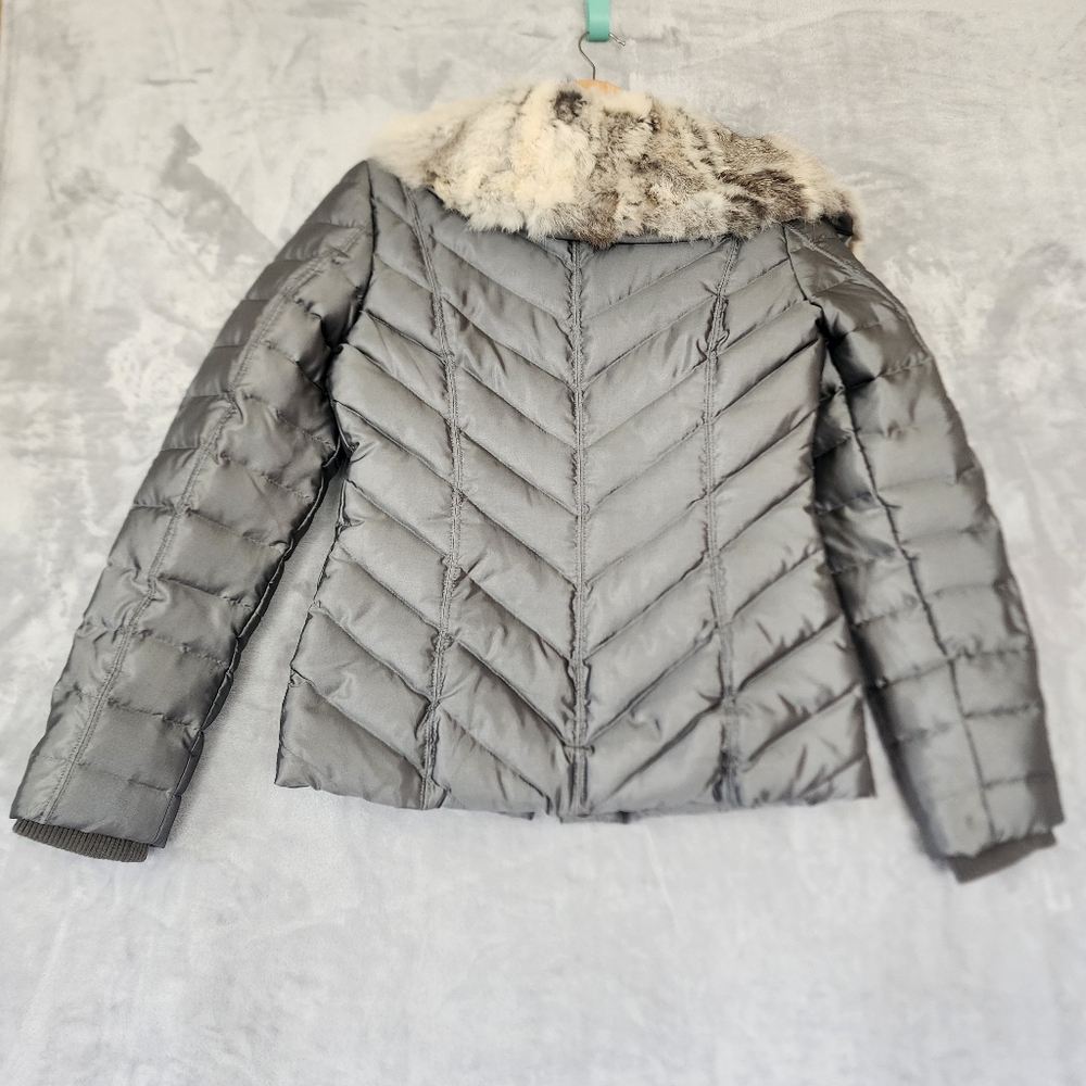 bebe Down Puffer Jacket Womens Small Rabbit Fur Collar Silver Gray Coat Y2K - Picture 11 of 11